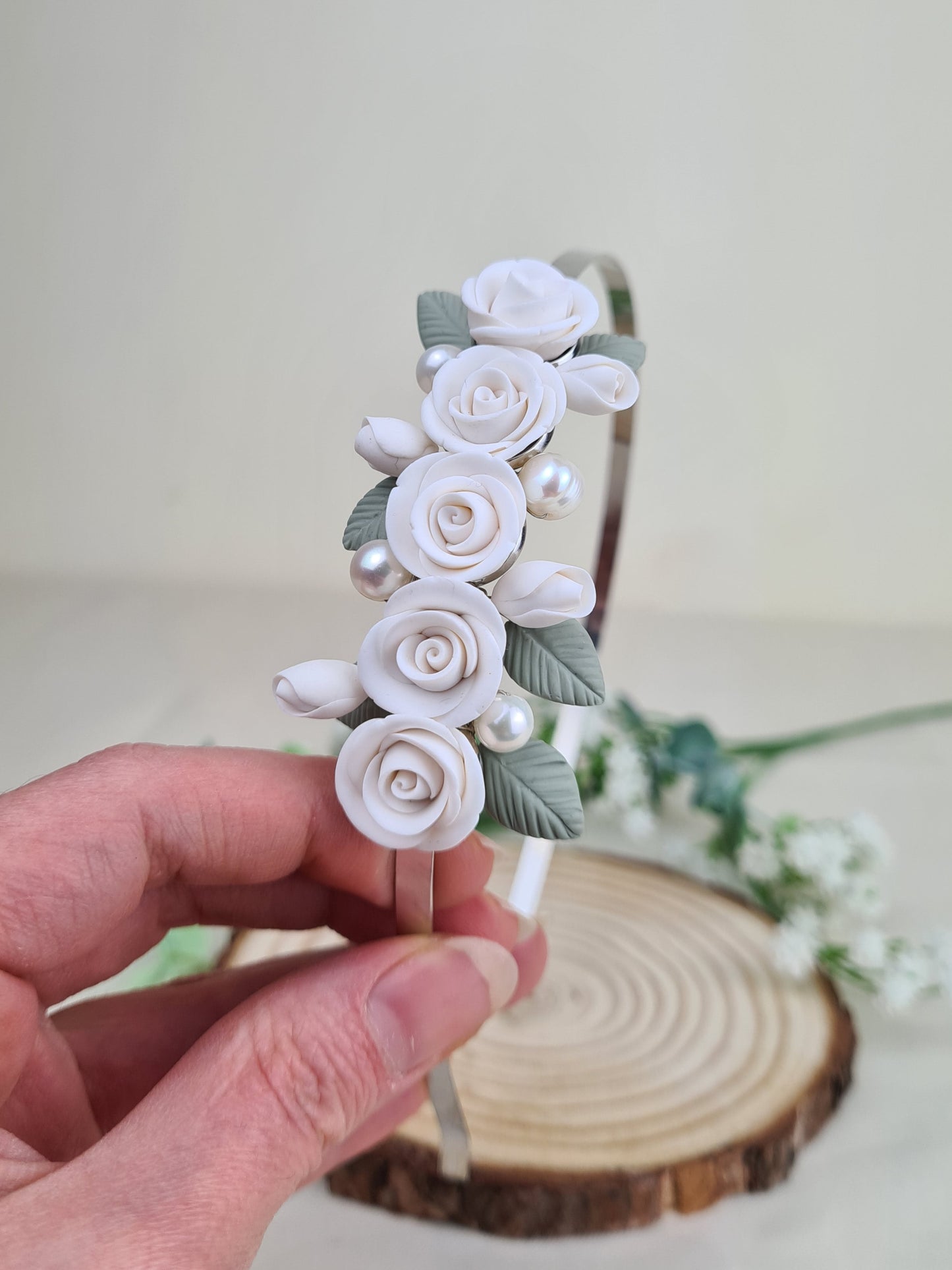 Wedding Headband With White Roses and Pearls