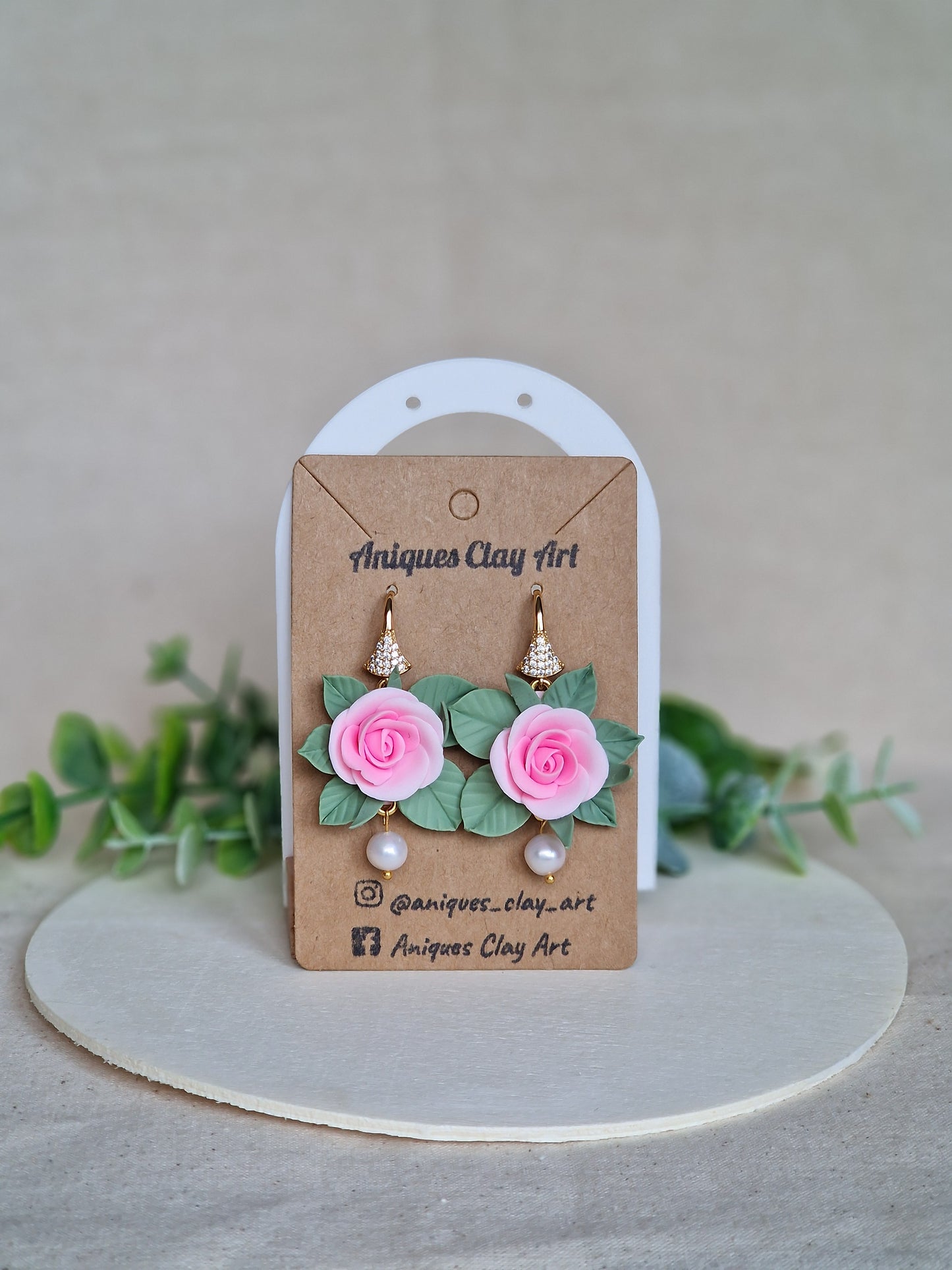 Blush Rose Drop Earrings with Freshwater Pearls & Gold Sparkle Hooks – Handmade Floral Jewelry