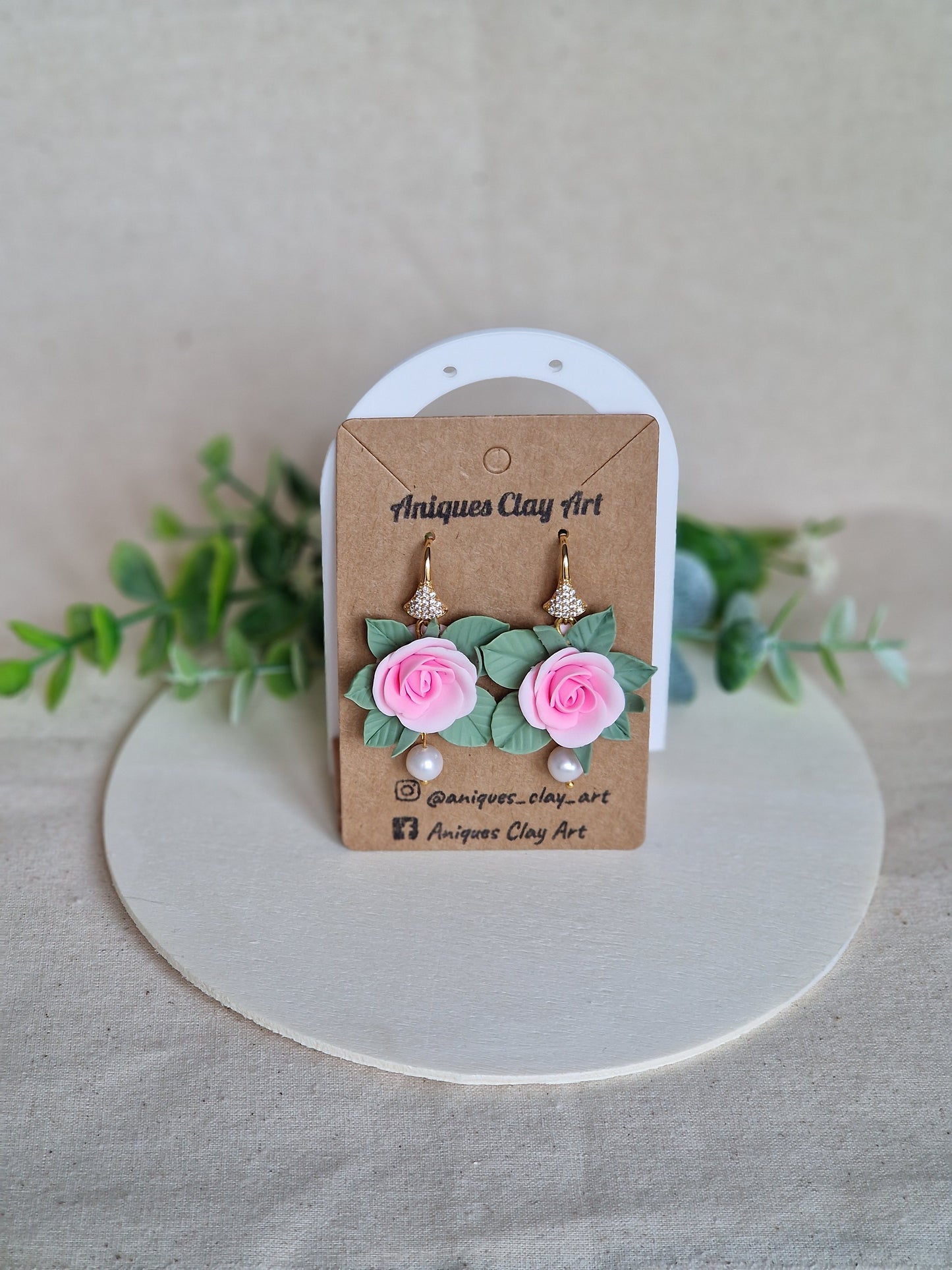 Blush Rose Drop Earrings with Freshwater Pearls & Gold Sparkle Hooks – Handmade Floral Jewelry