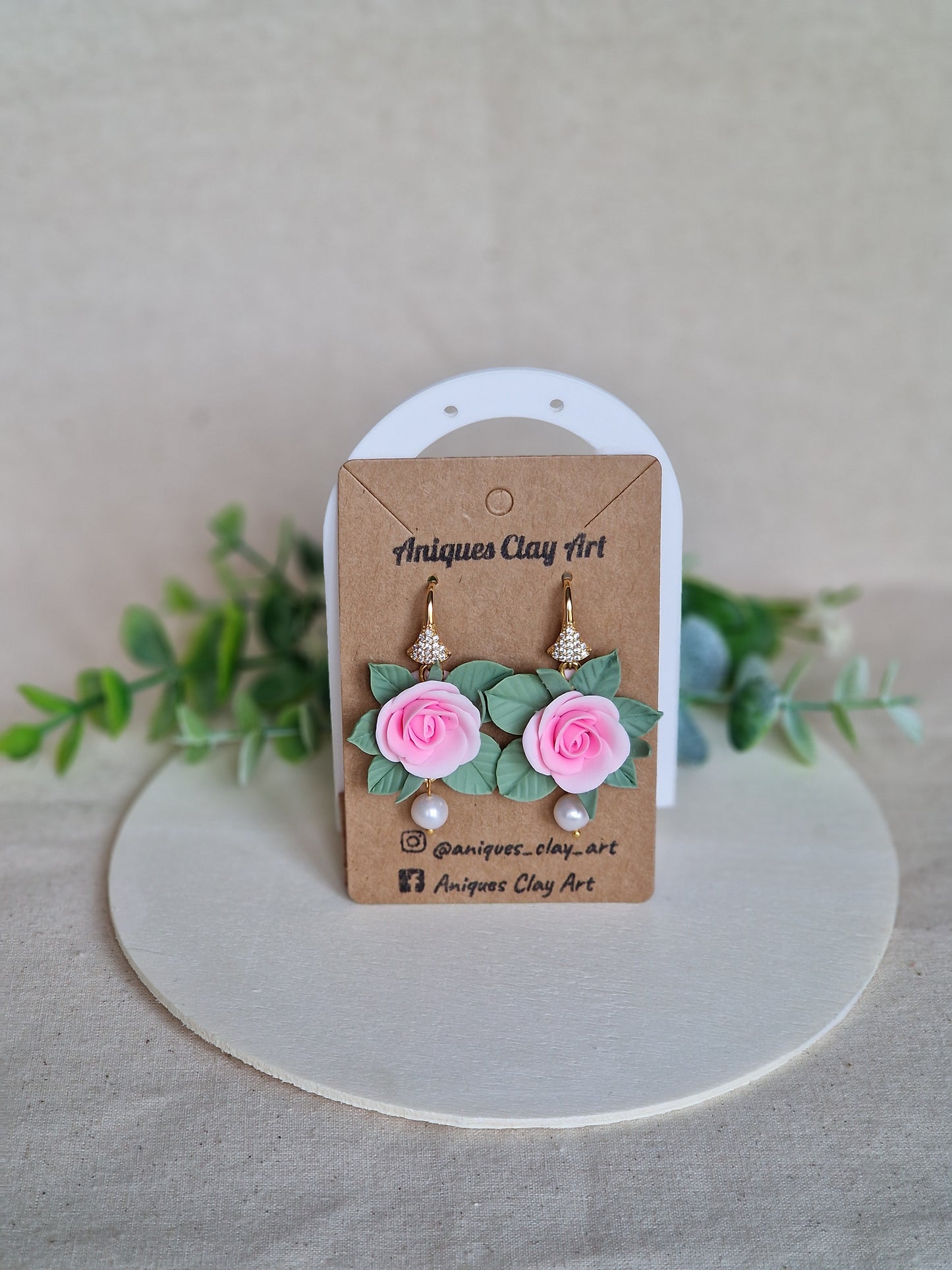 Blush Rose Drop Earrings with Freshwater Pearls & Gold Sparkle Hooks – Handmade Floral Jewelry