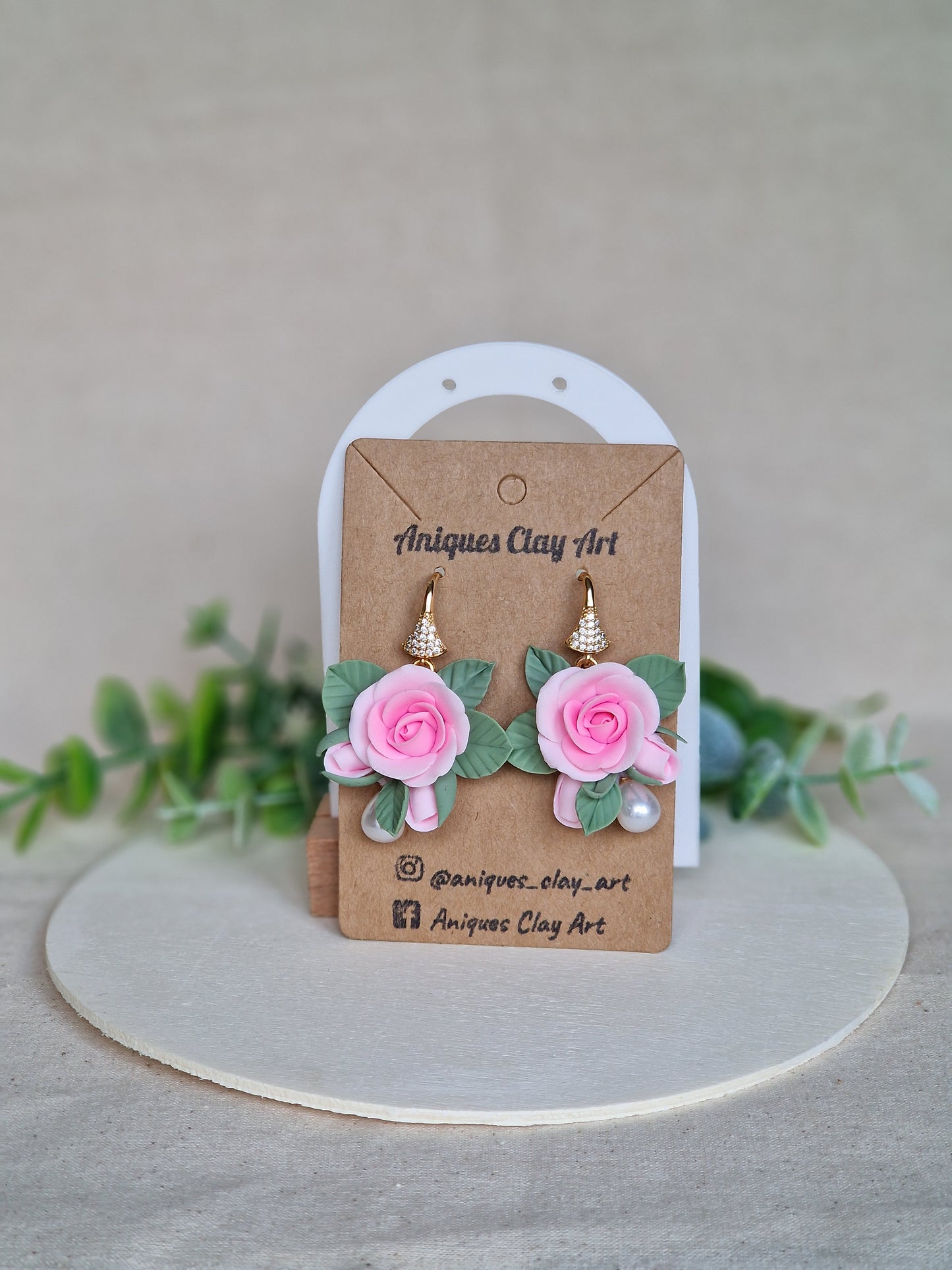 Pink Rose Sage Leaf Drop Earrings – Handcrafted with Pearls