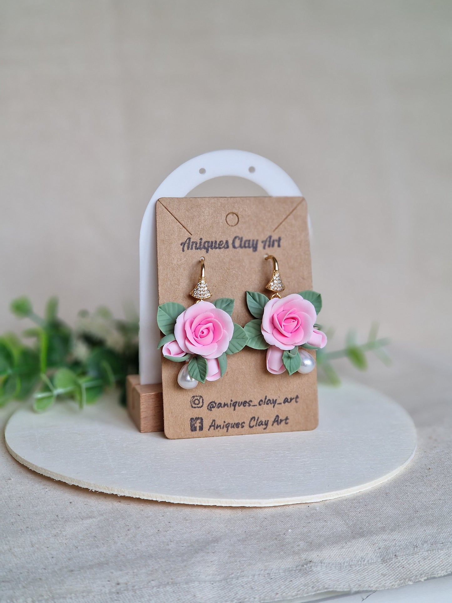 Pink Rose Sage Leaf Drop Earrings – Handcrafted with Pearls