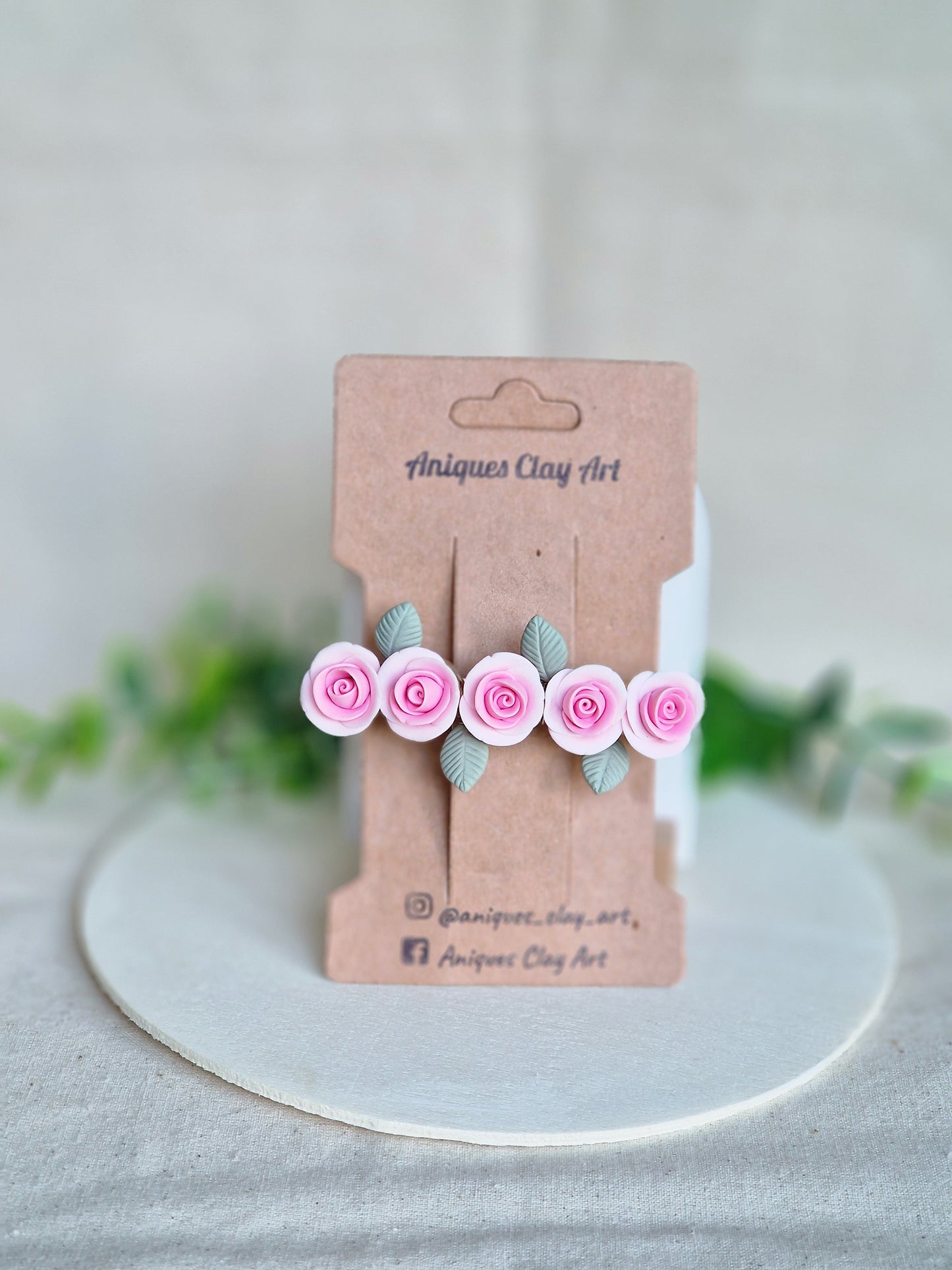 Pink Rose Hair Clip with Sage Green Leaves |Handmade Ceramic Flower Barrette for Brides & Spring Lovers