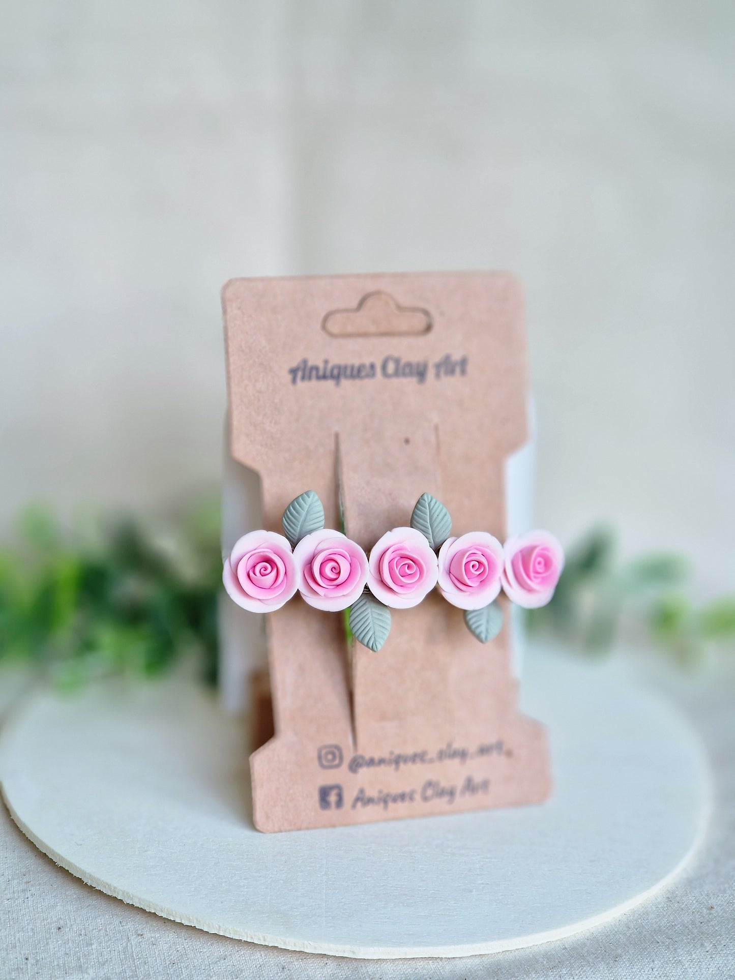Pink Rose Hair Clip with Sage Green Leaves |Handmade Ceramic Flower Barrette for Brides & Spring Lovers
