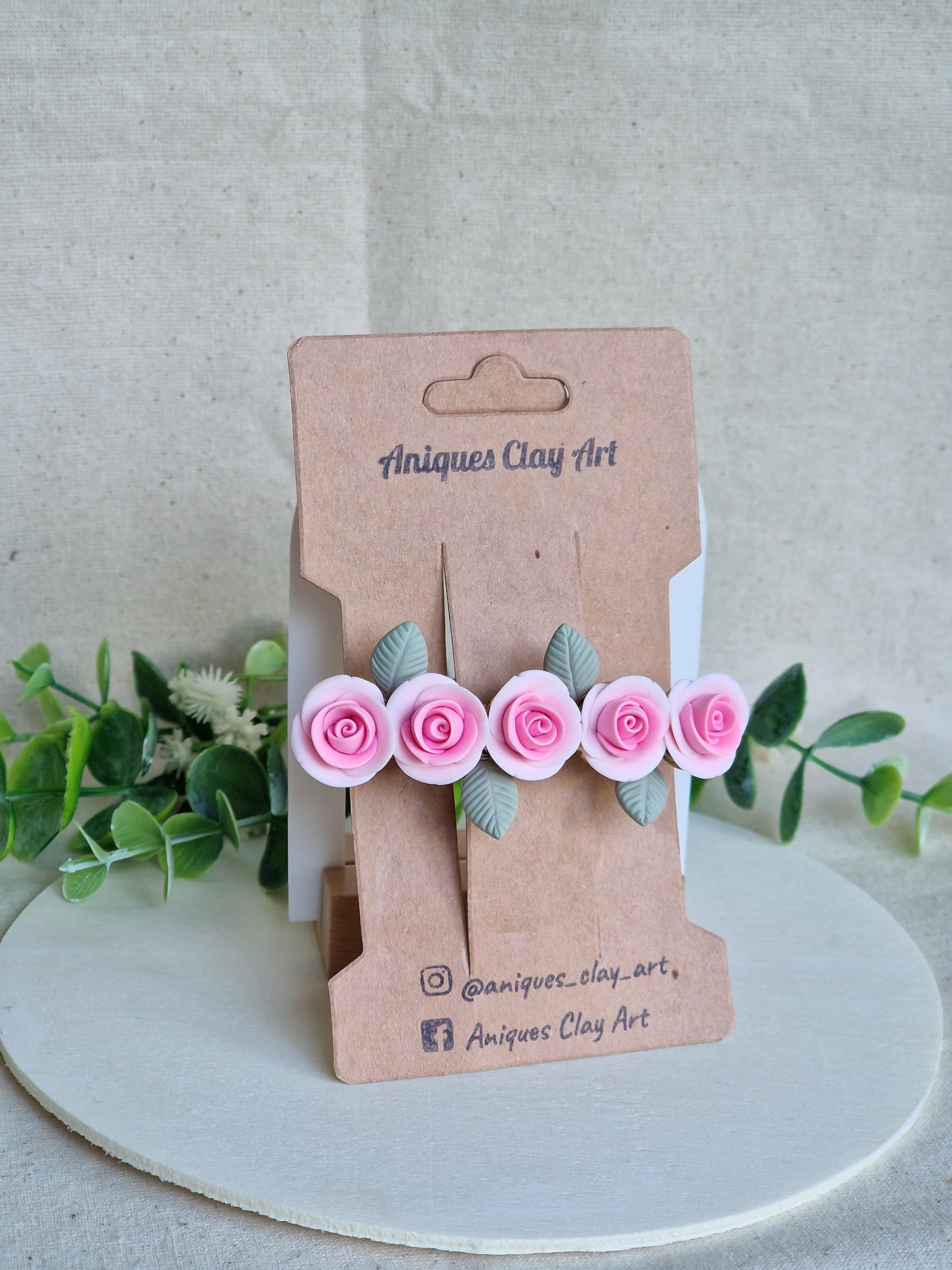 Pink Rose Hair Clip with Sage Green Leaves |Handmade Ceramic Flower Barrette for Brides & Spring Lovers
