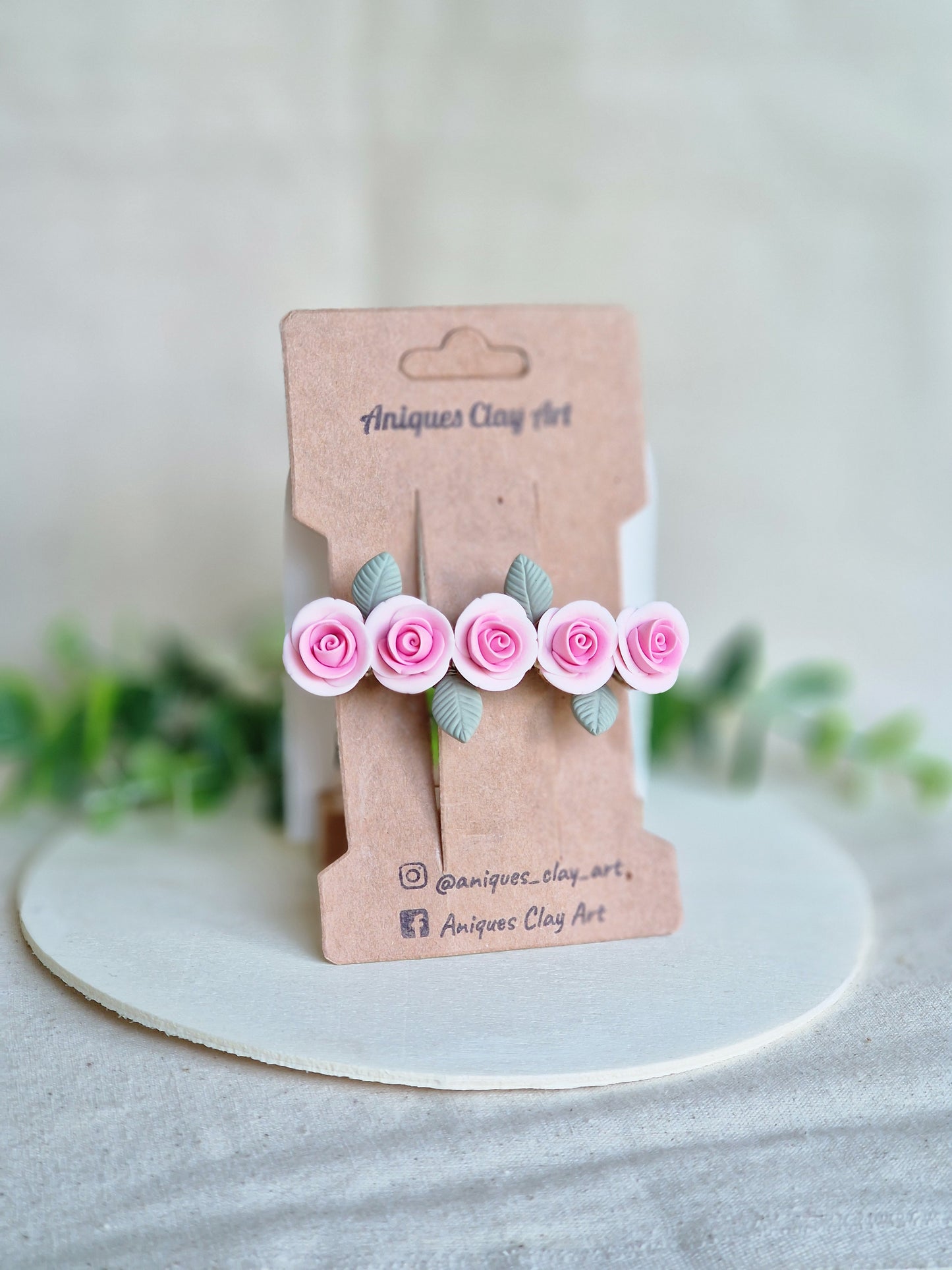 Pink Rose Hair Clip with Sage Green Leaves |Handmade Ceramic Flower Barrette for Brides & Spring Lovers