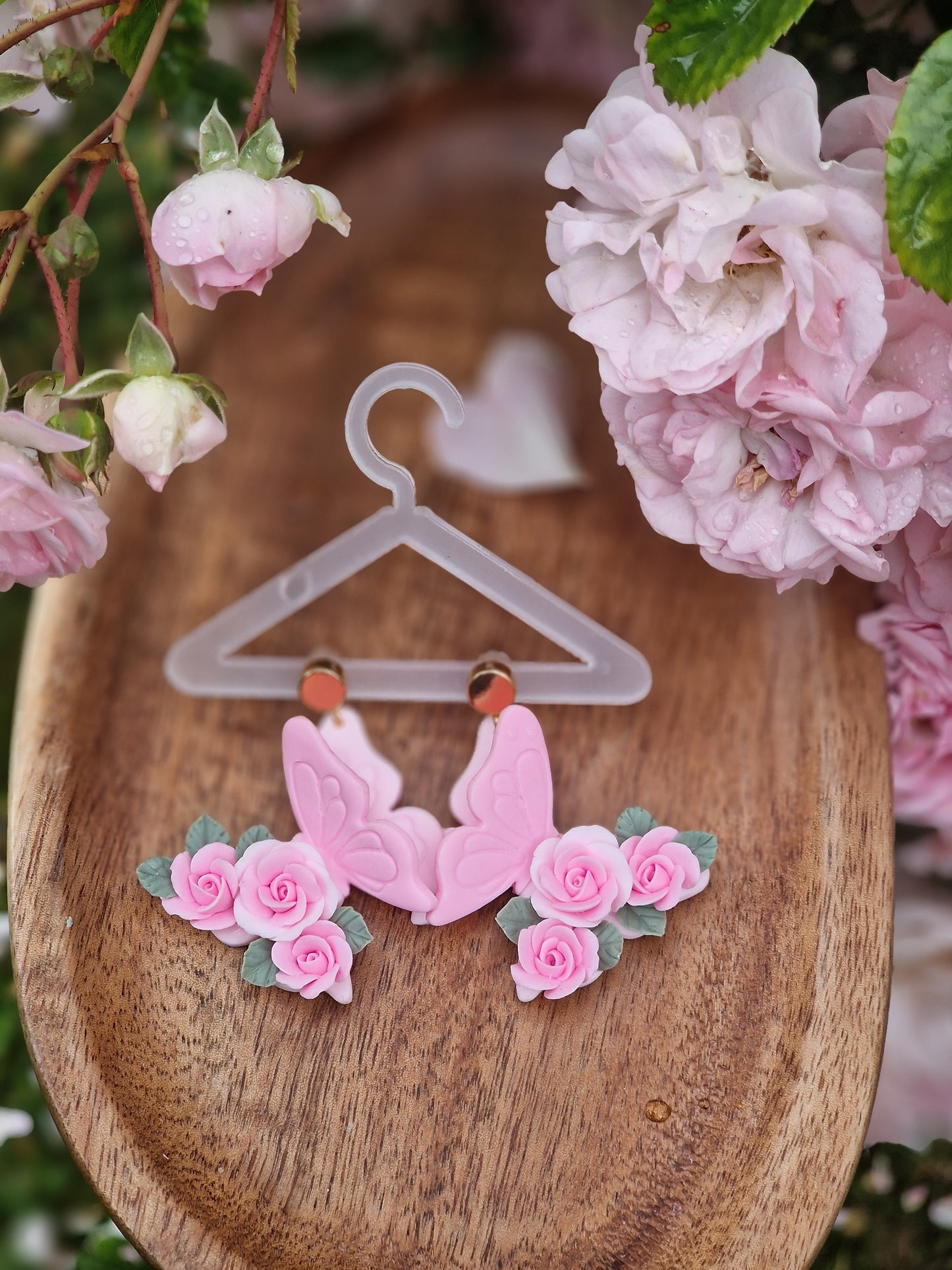 Handcrafted Butterfly Rose Earrings – Pink & White