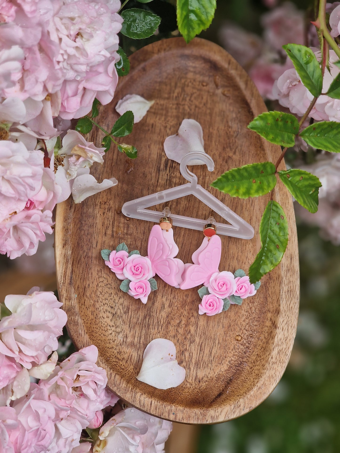 Handcrafted Butterfly Rose Earrings – Pink & White
