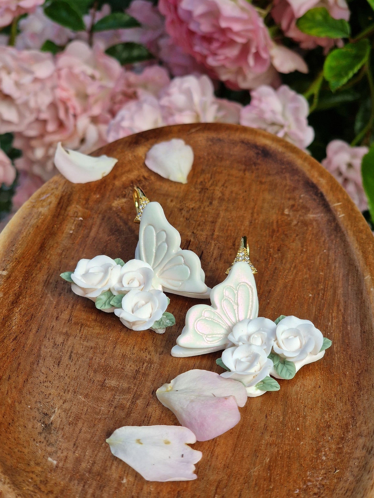 Handcrafted Butterfly Rose Earrings – Pink & White