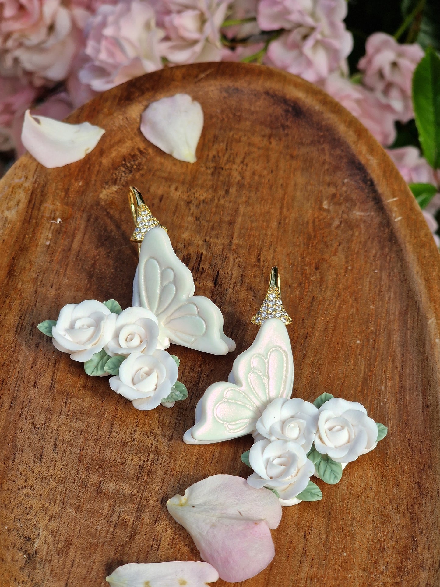 Handcrafted Butterfly Rose Earrings – Pink & White