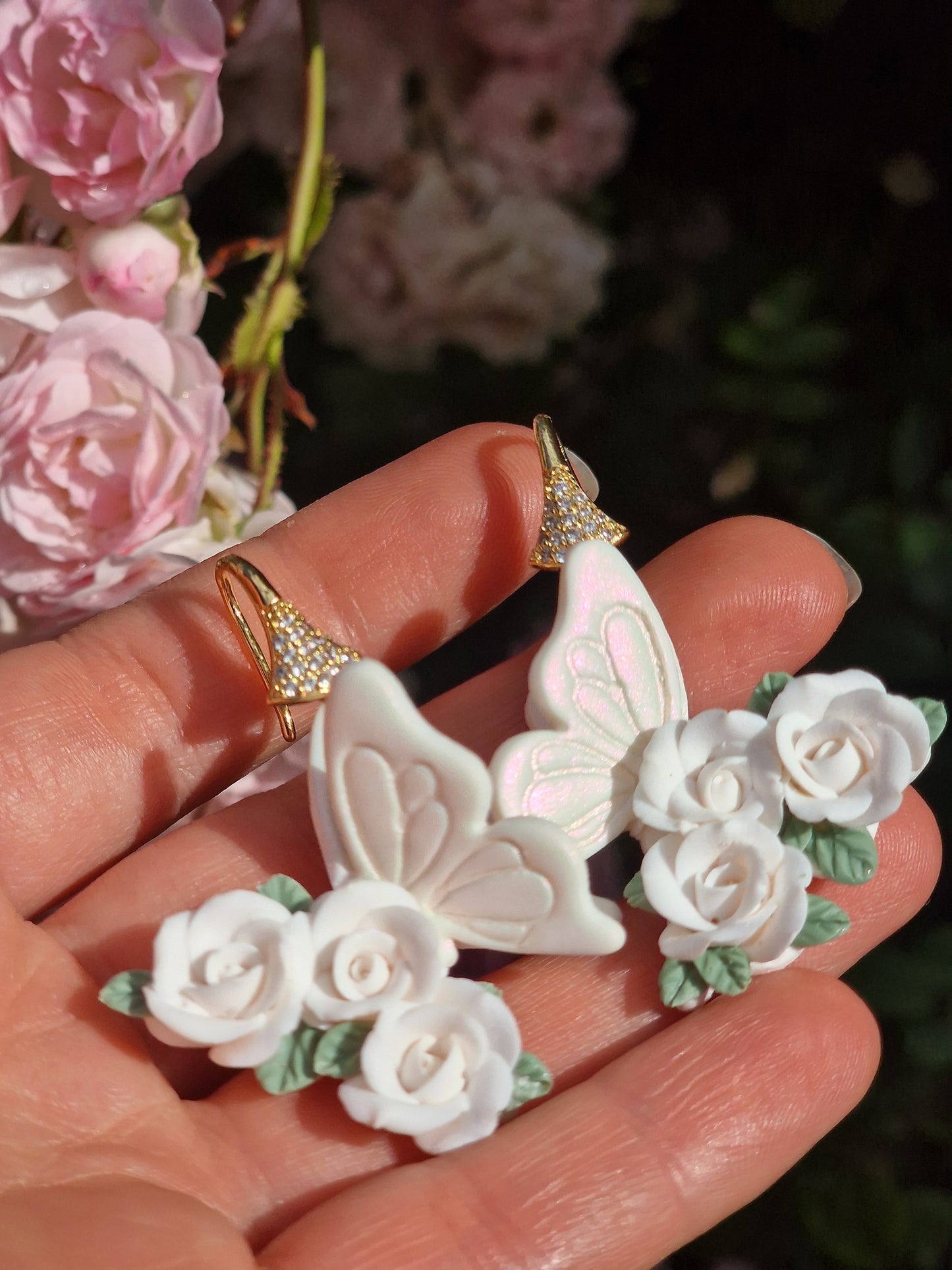 Handcrafted Butterfly Rose Earrings – Pink & White