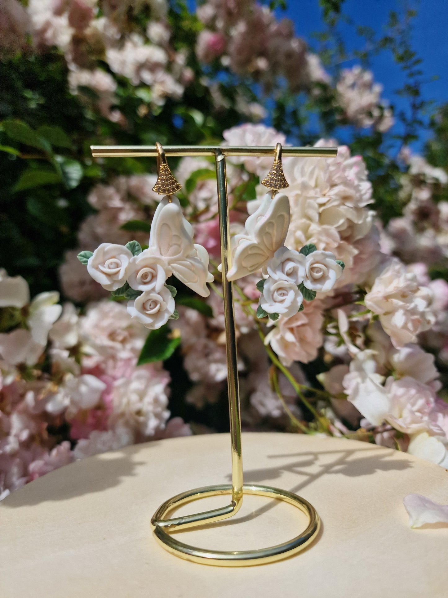 Handcrafted Butterfly Rose Earrings – Pink & White