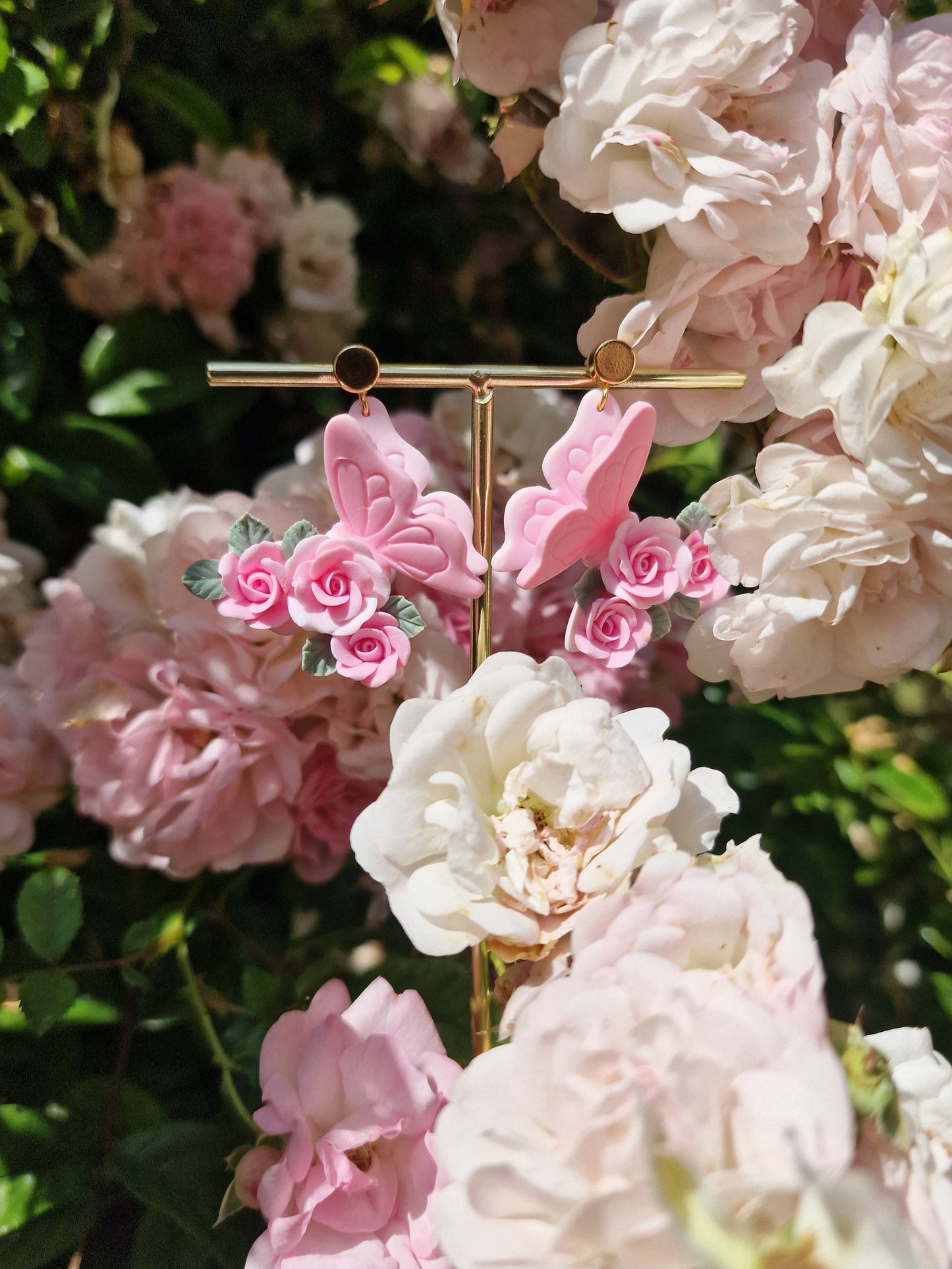 Handcrafted Butterfly Rose Earrings – Pink & White