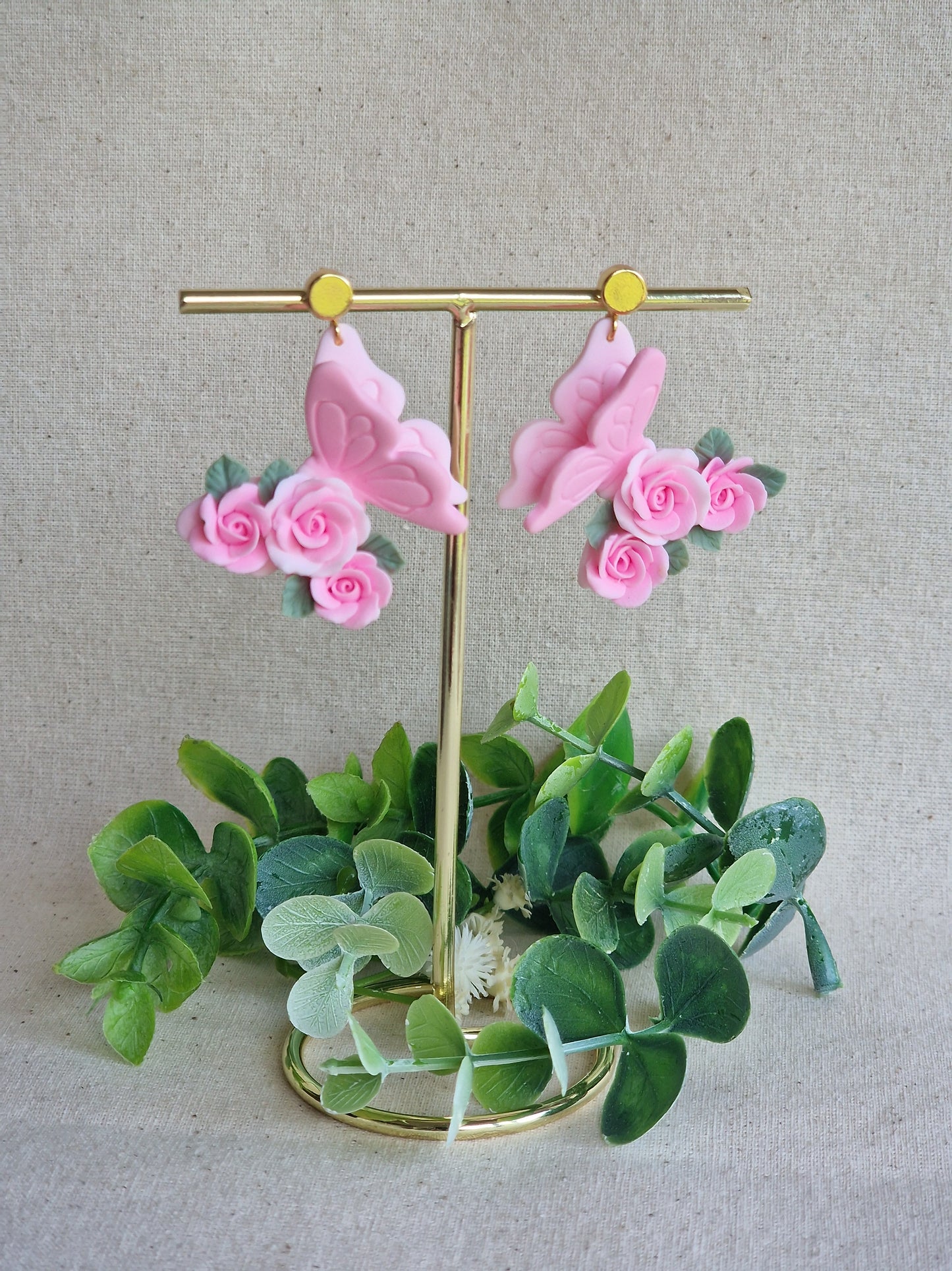 Handcrafted Butterfly Rose Earrings – Pink & White