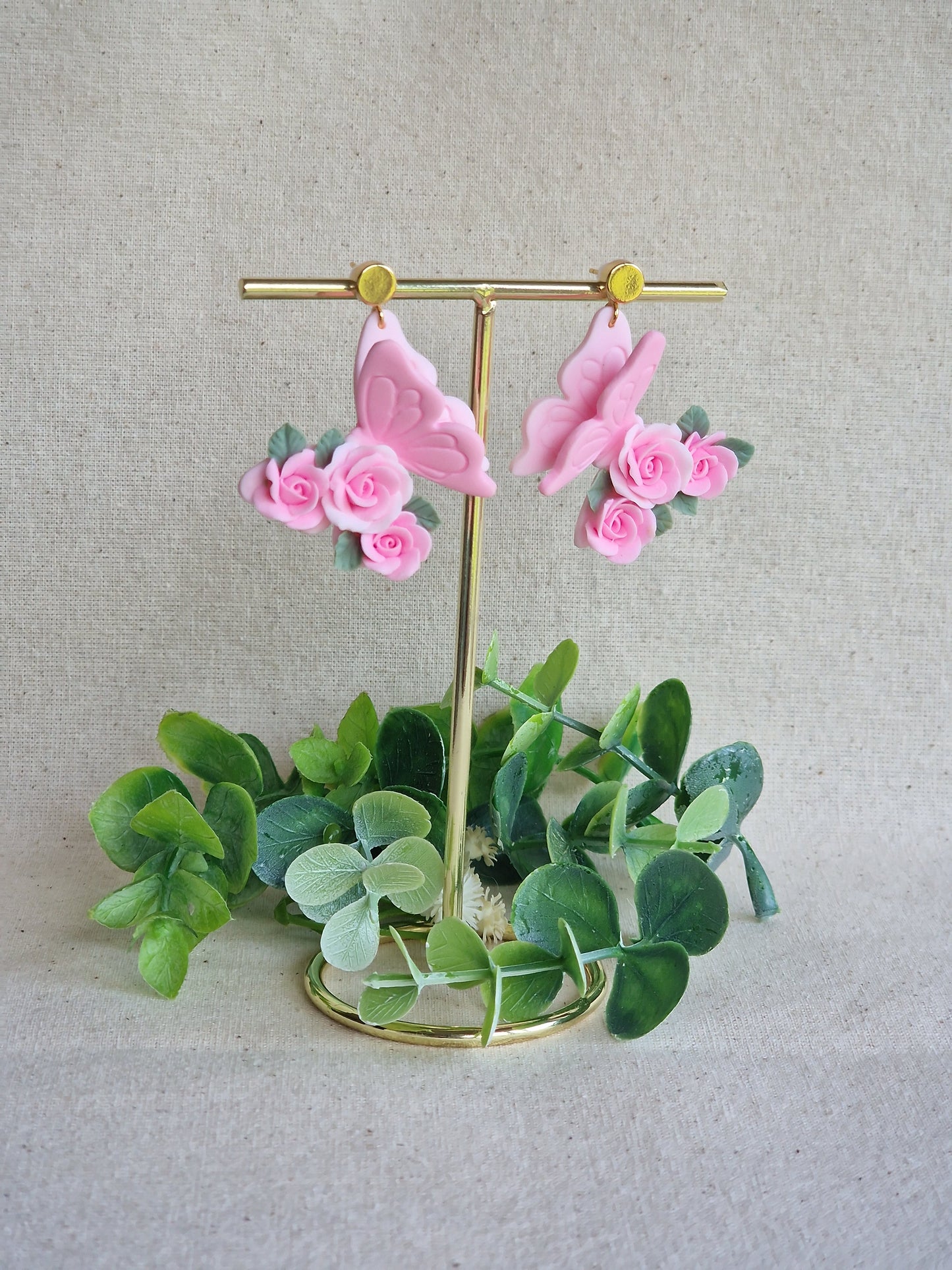 Handcrafted Butterfly Rose Earrings – Pink & White