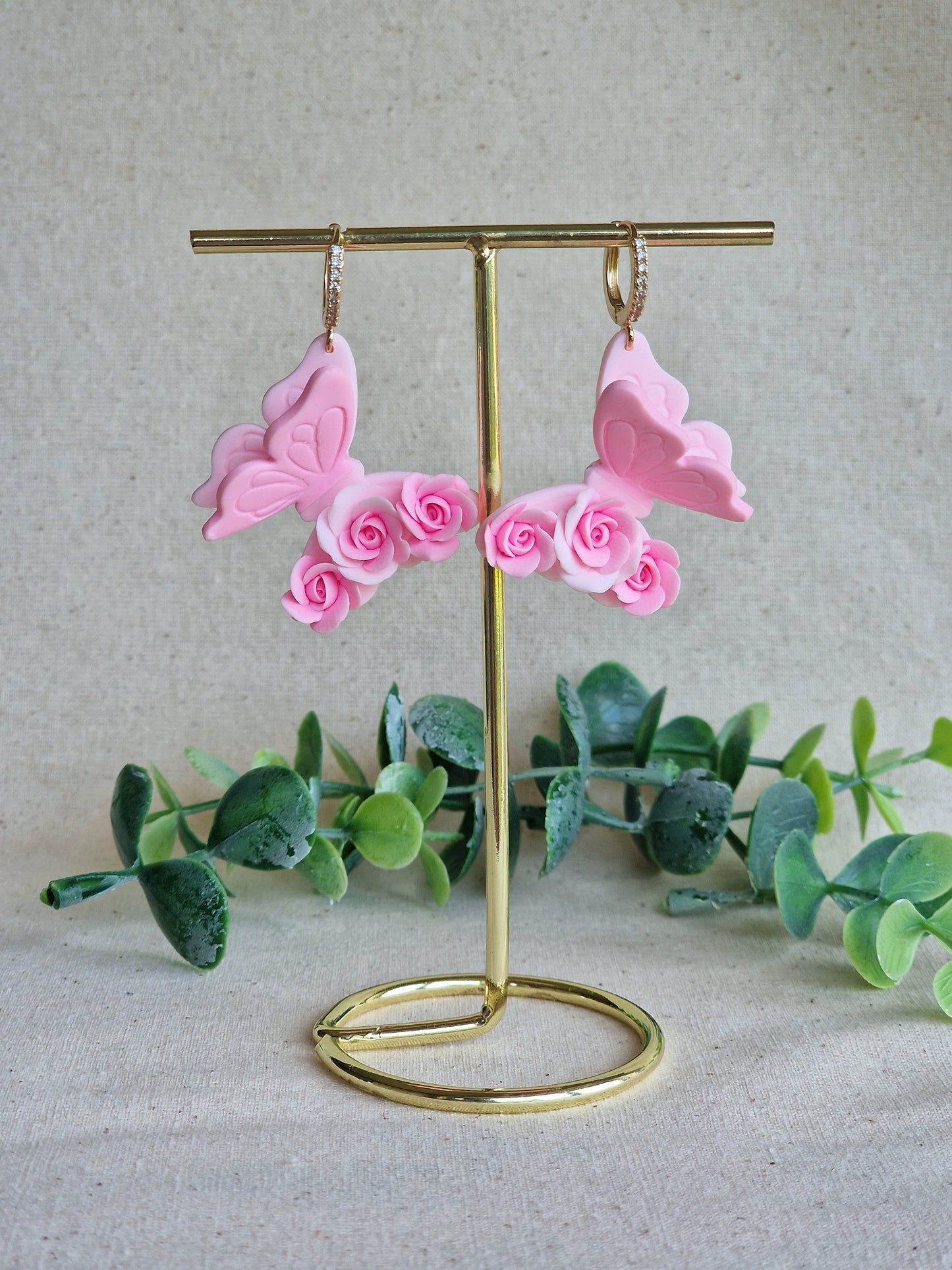 Handcrafted Butterfly Rose Earrings – Pink & White