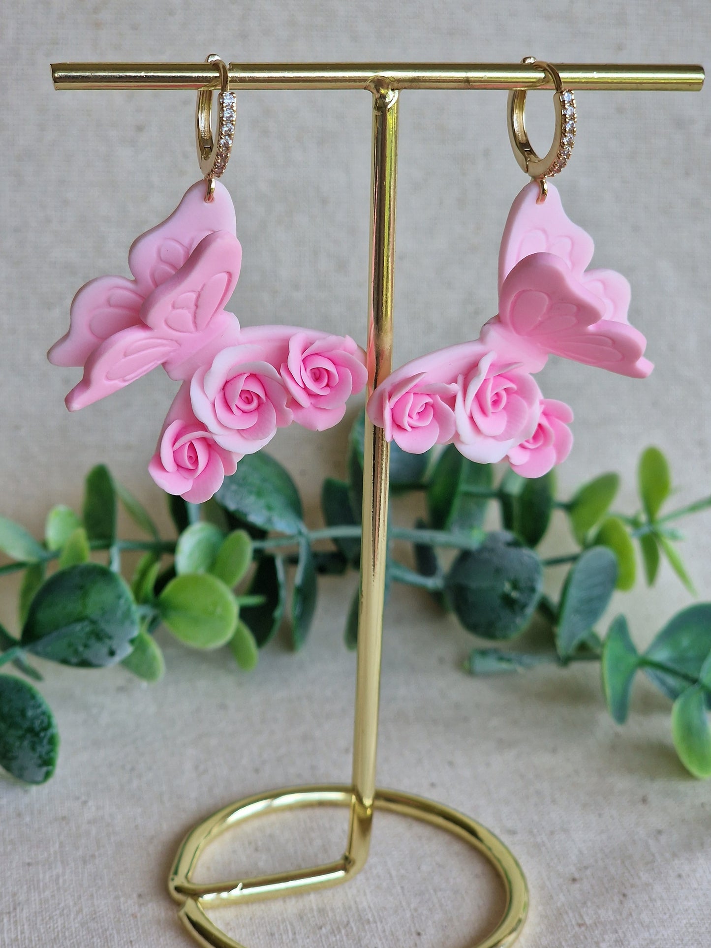 Handcrafted Butterfly Rose Earrings – Pink & White