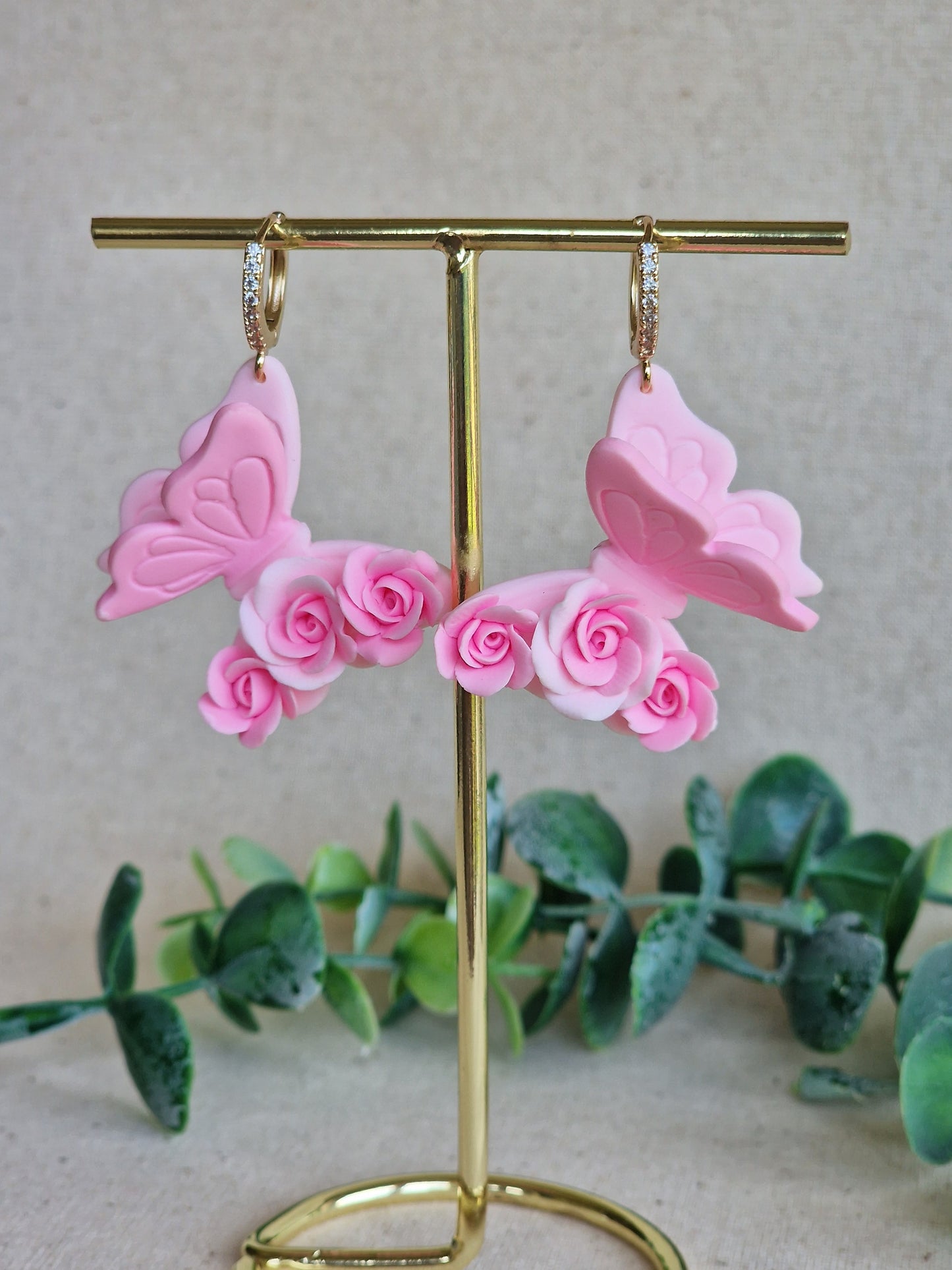 Handcrafted Butterfly Rose Earrings – Pink & White