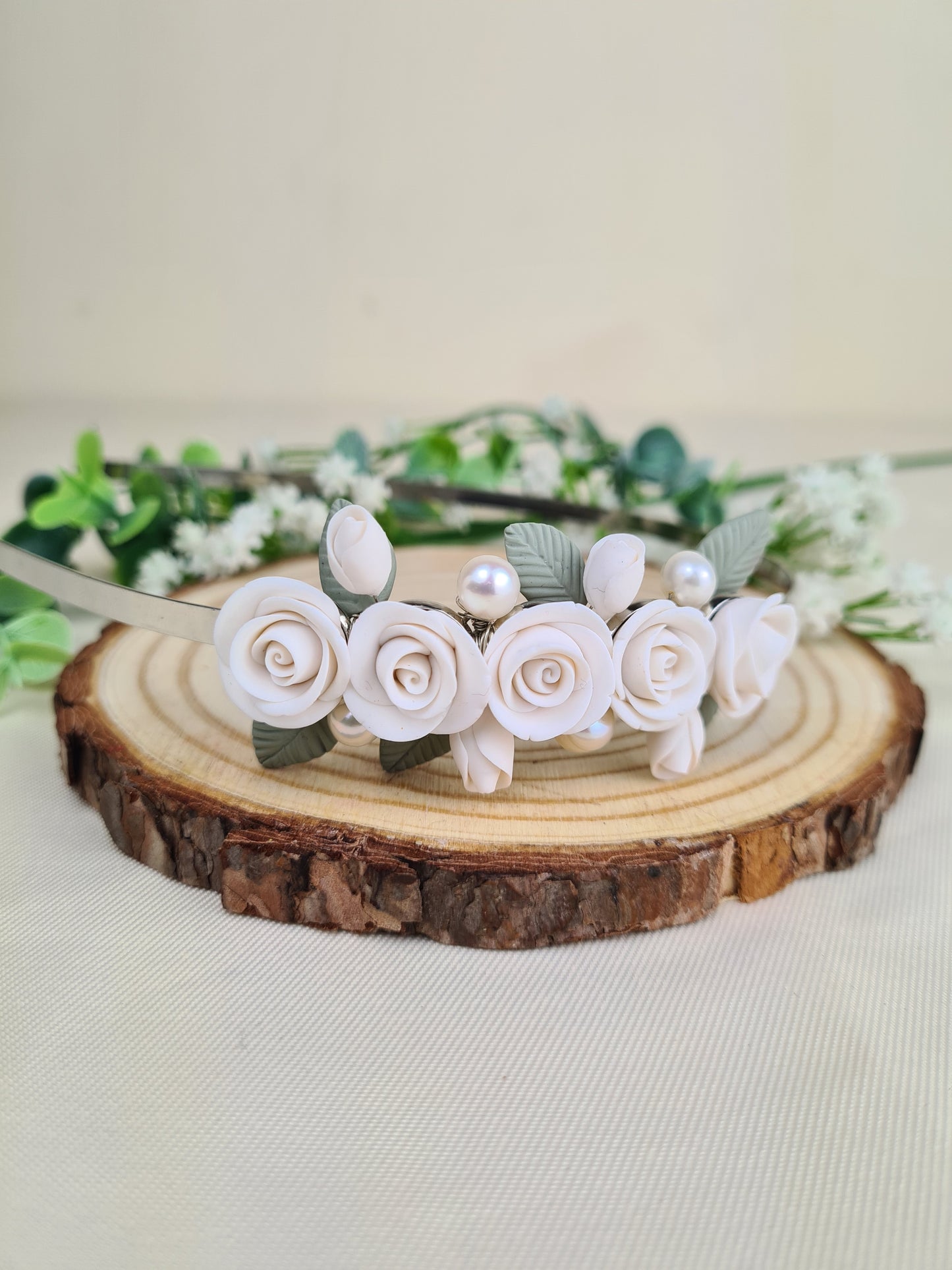 Wedding Headband With White Roses and Pearls