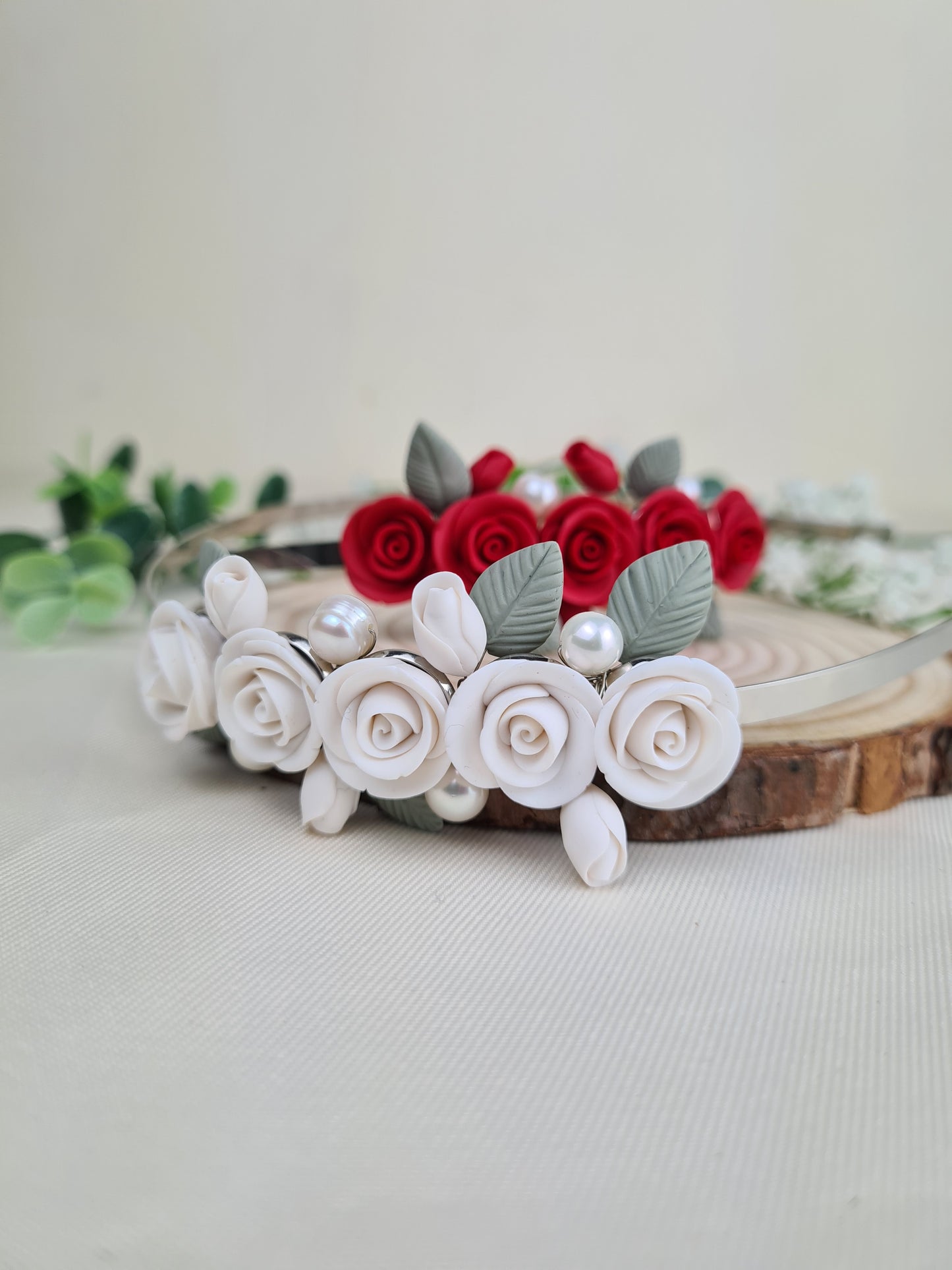 Wedding Headband With White Roses and Pearls