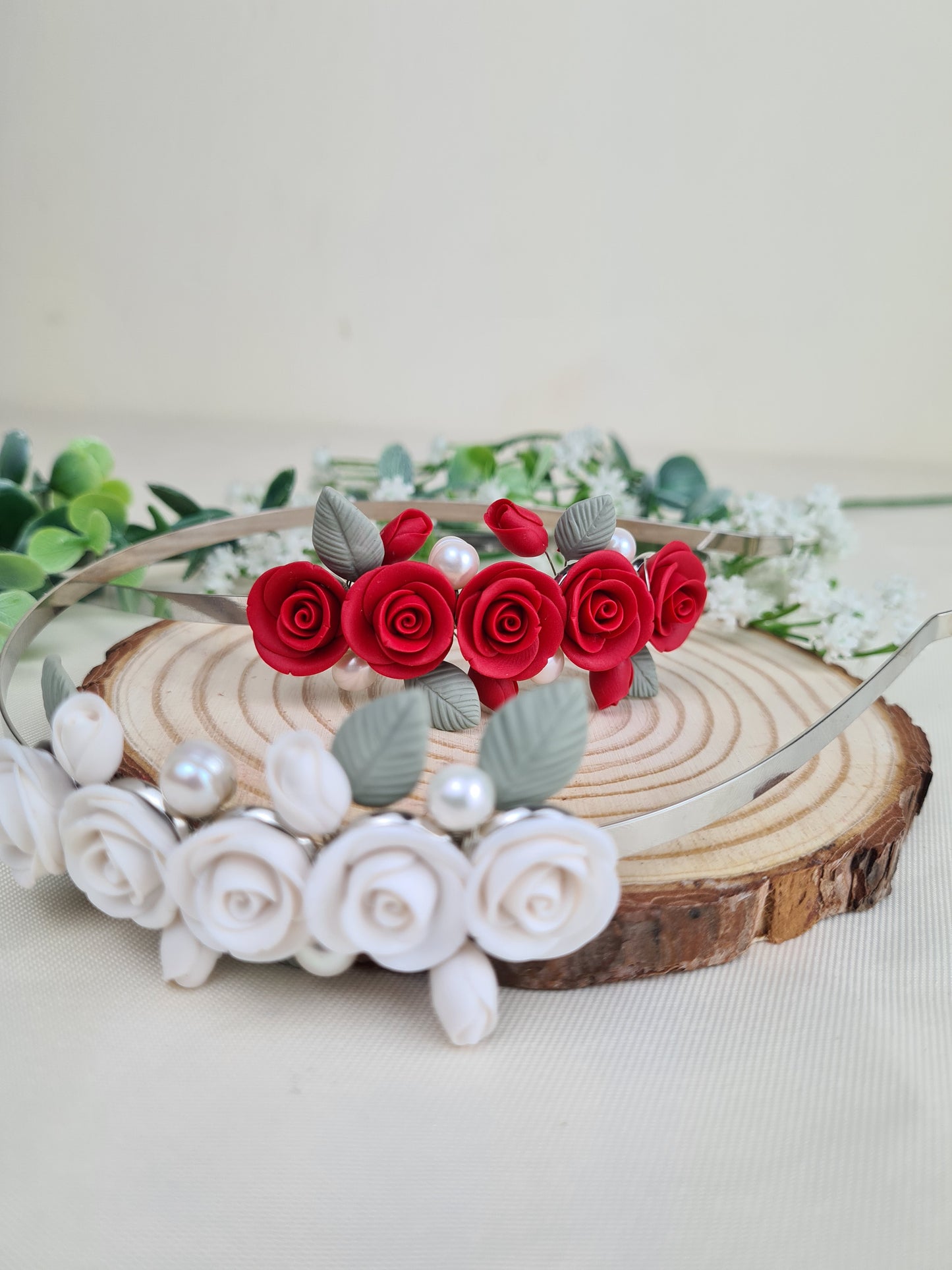 Wedding Headband With White Roses and Pearls