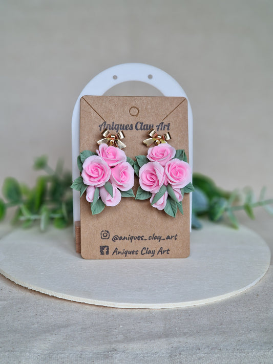 Blush Rose Earrings – Handmade Floral Earrings with Bow Studs for Weddings & Gifts