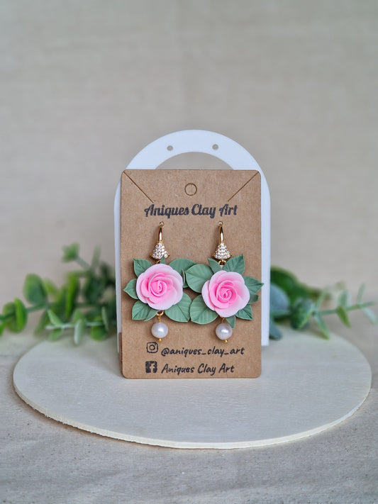 Blush Rose Drop Earrings with Freshwater Pearls & Gold Sparkle Hooks – Handmade Floral Jewelry
