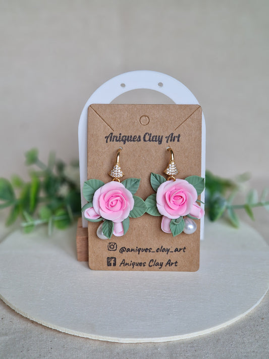 Pink Rose Sage Leaf Drop Earrings – Handcrafted with Pearls