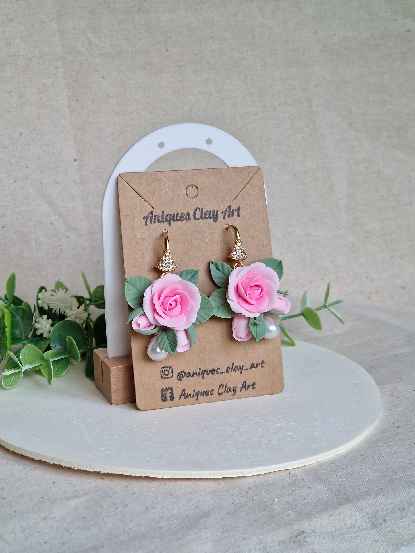 Pink Rose Sage Leaf Drop Earrings – Handcrafted with Pearls