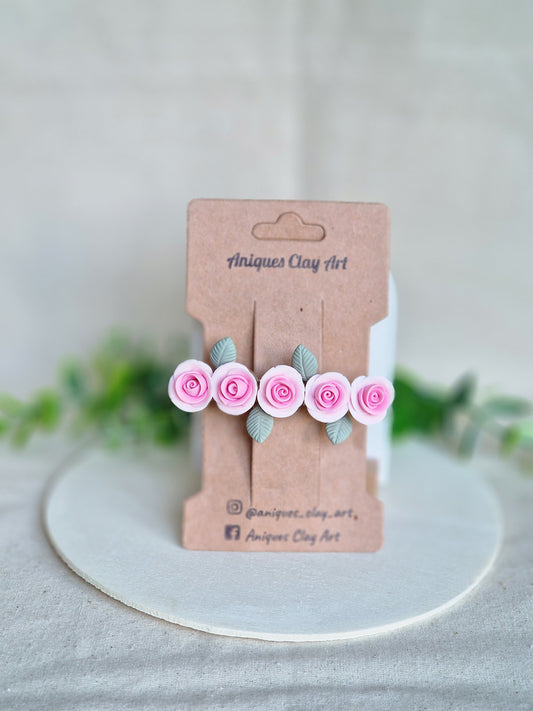 Pink Rose Hair Clip with Sage Green Leaves |Handmade Ceramic Flower Barrette for Brides & Spring Lovers