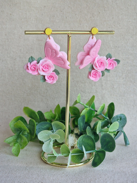 Handcrafted Butterfly Rose Earrings – Pink & White
