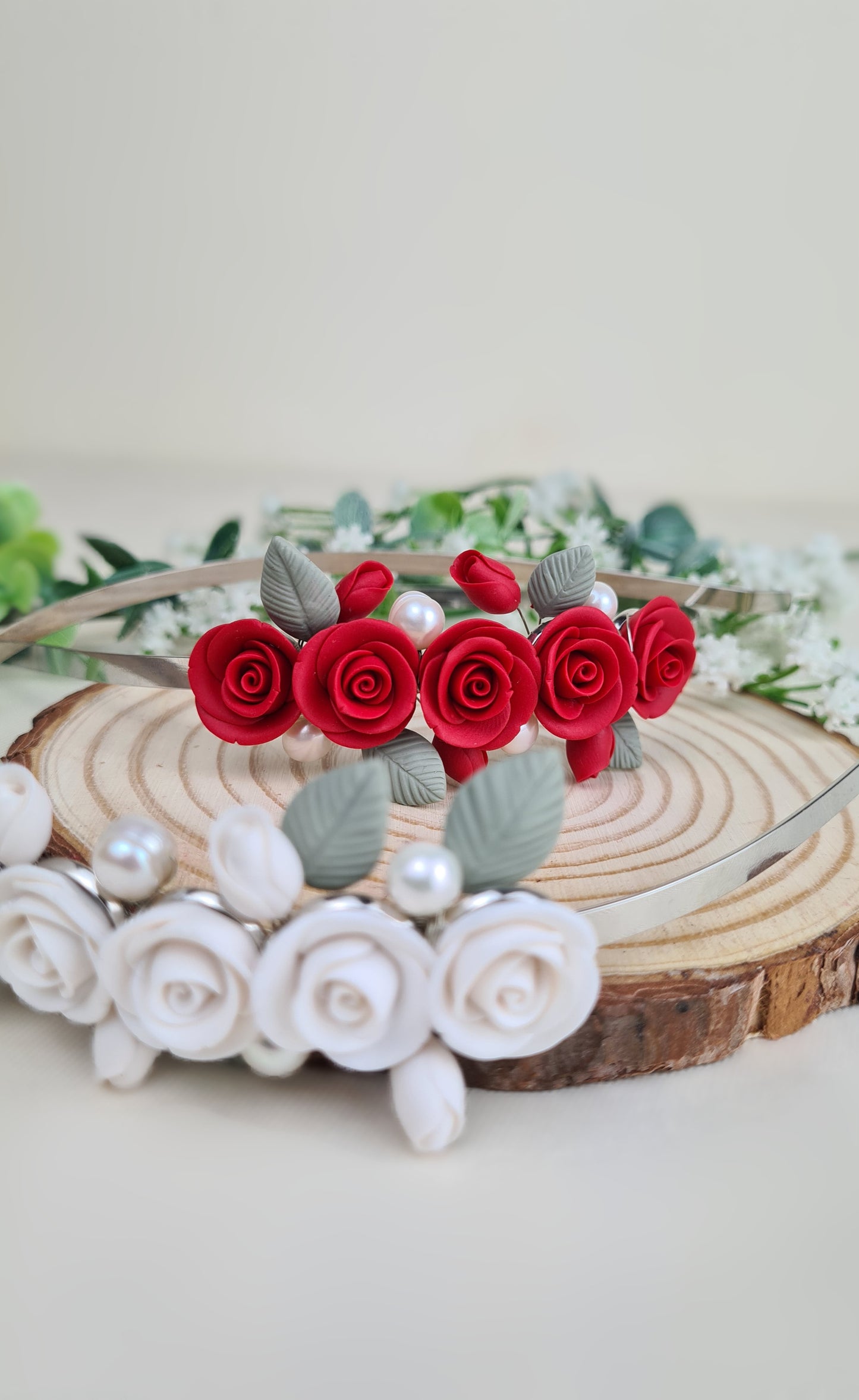 Wedding Headband With White Roses and Pearls