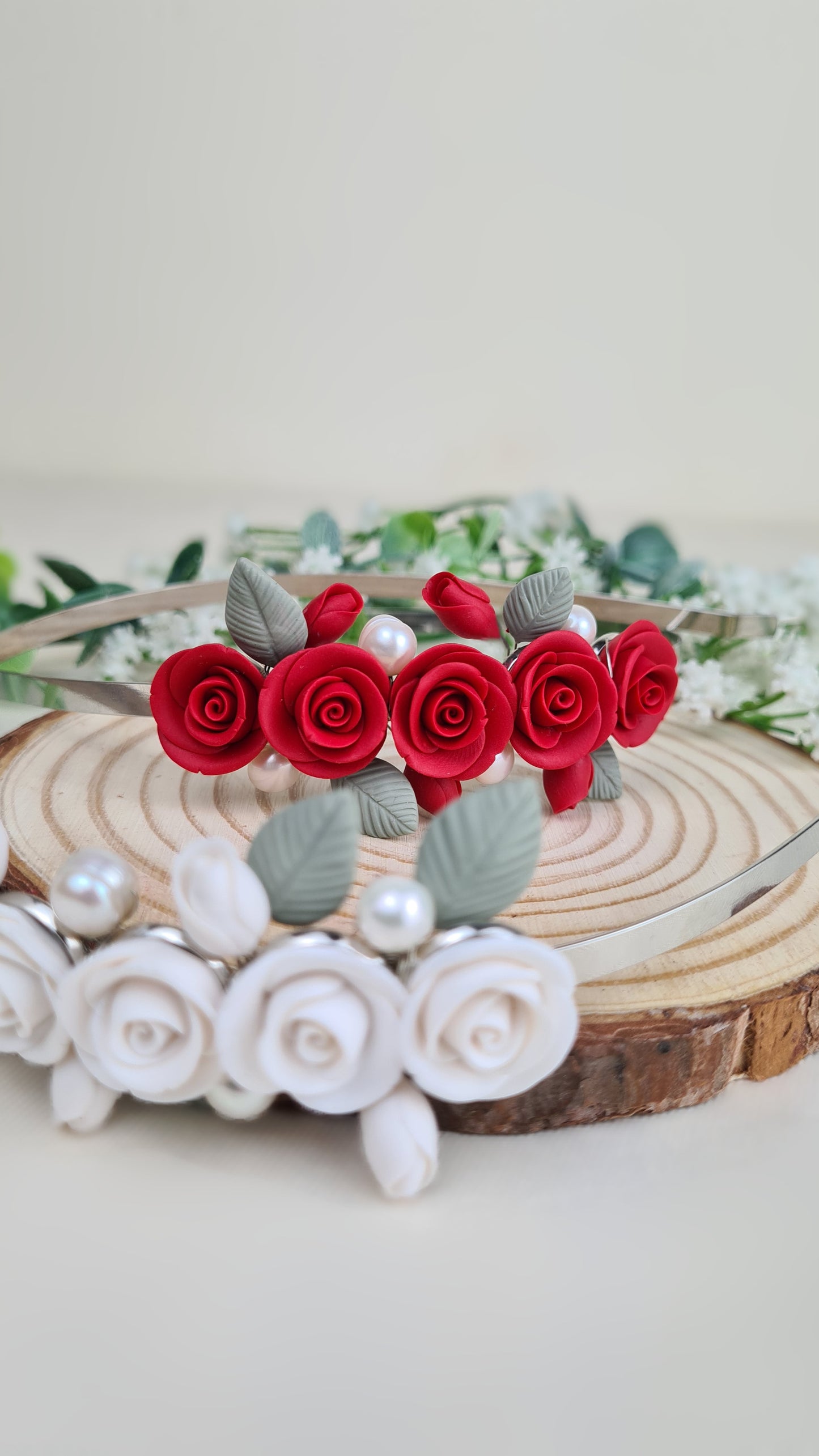 Wedding Headband With White Roses and Pearls