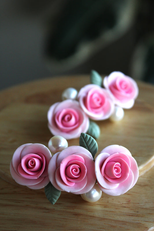 Blush Pink Floral Hair Clip with Freshwater Pearls | Handmade Ceramic Bridal Barrette